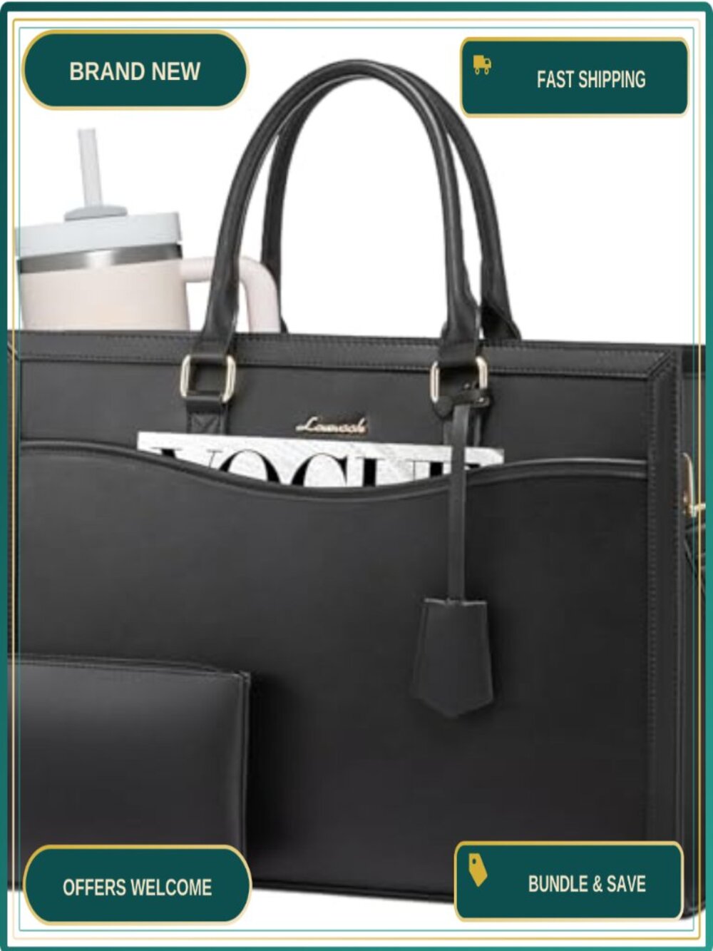 LOVEVOOK Laptop Tote Bag Large Work Computer Bag with Cup Holder PU Leather
